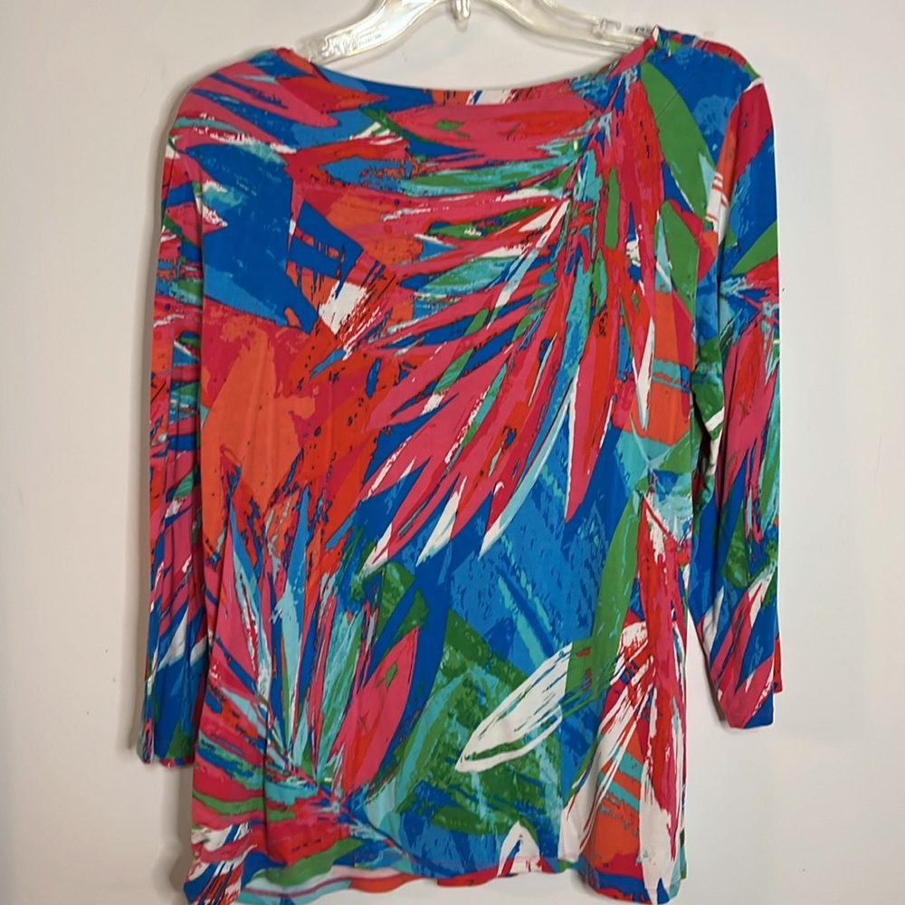 Ruby Rd. Tropical Abstract Print Ruched 3/4 Sleeve Knit Top Size L - Picture 5 of 5